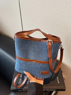 Blue Denim Crossbody Bag with Brown Leather Strap