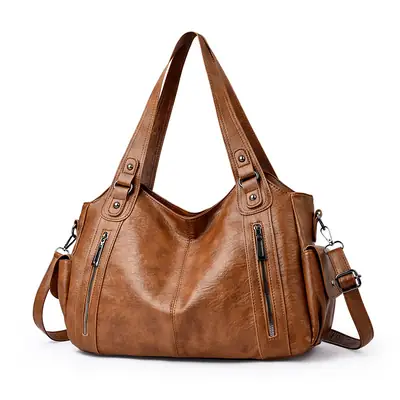 Brown Leather Women's Shoulder Bag with Multiple Pockets