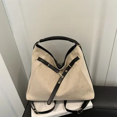 Retro Suede Shoulder Bag Beige Black Handle 2025
