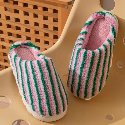 Winter Cotton Slippers Women Yellow Blue Striped