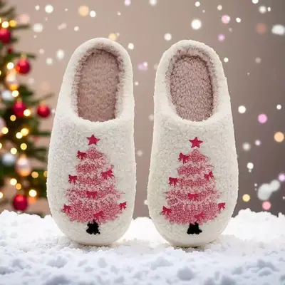 Pink Christmas Tree Furry Cotton Slippers for Women
