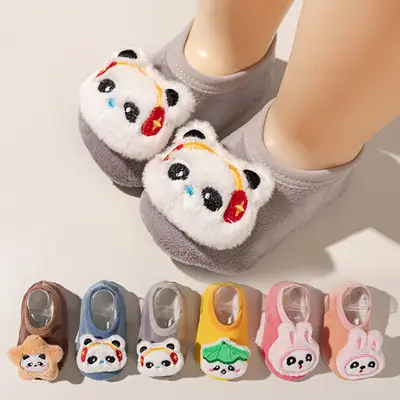 2025 New Baby Non-Slip Floor Socks Autumn Winter Infant Cartoon Silver Fox Velvet Toddler Socks Children's Home Soft-Soled Shoes