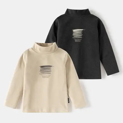 Boys Printed Half Turtleneck Long Sleeve T-Shirt Beige