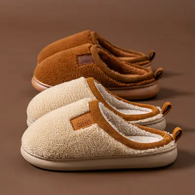 Winter Cashmere Cotton Slippers for Women Indoor Home Non-Slip Fleece-Lined Warm Couple Plush Simple Cotton Slippers for Men