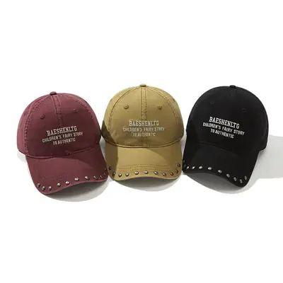 Black Rivet Cap for Women with Wide Brim and Letter Embroidery