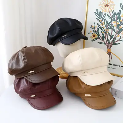 Brown Leather Beret Hat for Women Autumn Winter