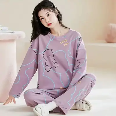 Women's Long Sleeve Pajama Set Purple Bear Print Large