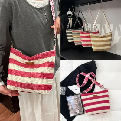 Summer Striped Woven Shoulder Bag for Women