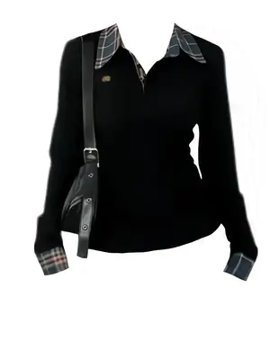 American-Style Right Shoulder Collar Plaid Long-Sleeved T-Shirt for Women Autum New Slimming Look Fake Two-Piece Design Top