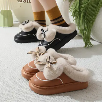 Bow Autumn and Winter Cotton Slippers for Women, Cute Girls' Slippers for Home, Indoor, Warm and Velvet, Couples, Non-Slip, Men's