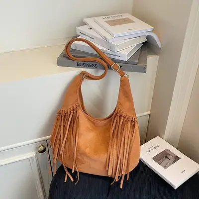 Tan Tassel Shoulder Bag for Women Large Capacity