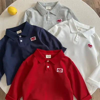 Children's Long Sleeve Polo T-Shirt Red White Blue Heart Design