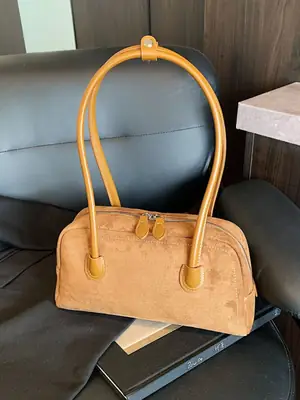 Women's Tan Leather Shoulder Bag with Gold Handles