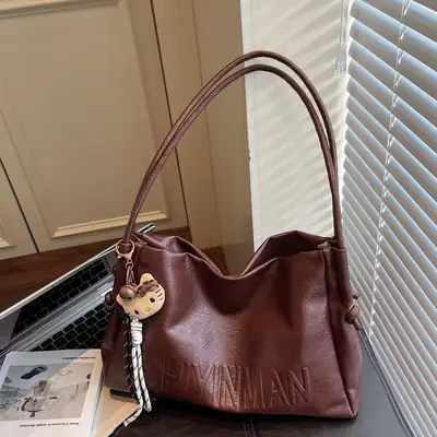 Women's Retro Brown Leather Tote Bag 2025 Autumn Winter