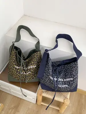 Retro Leopard Print Denim Tote Bag Double Sided Large Capacity