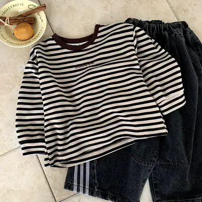 Kids Striped T-Shirt Black White Korean Style