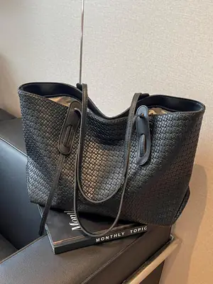 Black Crossbody Tote Bag with Embroidered Design