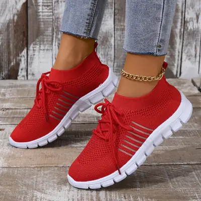 Women Red Fly-Knit Running Shoes with White Sole