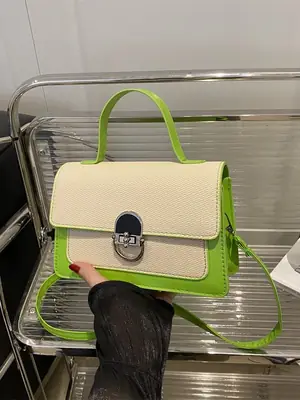 Women's Green Cream Lock Buckle Shoulder Bag