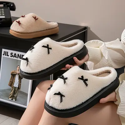 Women's Bow Style Fleece Lined Slippers Brown Winter