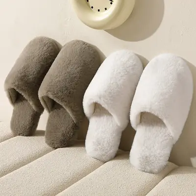 Women Pink Furry Warm Slippers Winter Indoor Non-Slip