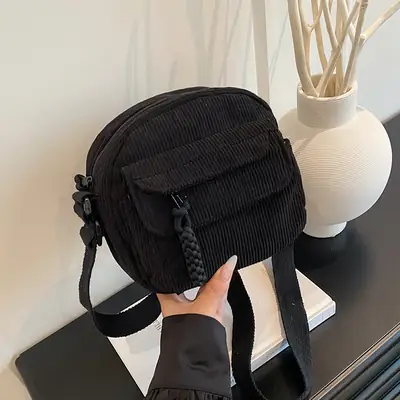 Retro Corduroy Shoulder Bag Black Mobile Phone Bag
