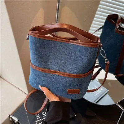 Women's Blue Denim Crossbody Bag with Leather Trim 2025