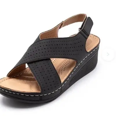 Red Wedge Heel Women Sandals with Retro Hollow Design