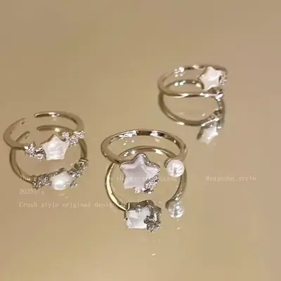 Star Pearl Open Ring Women Adjustable Silver 2025