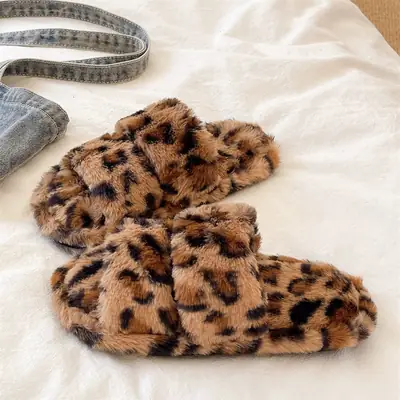 Women Leopard Print Plush Slippers Winter Warm Indoor Outdoor