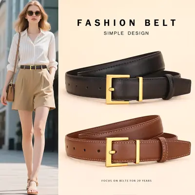 Black Leather Belt with Gold Buckle for Women