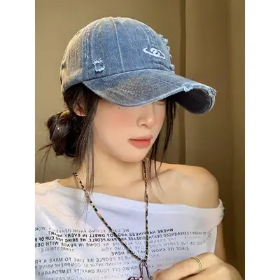 Women Wash Denim Camo Baseball Cap Wide Brim Large Head