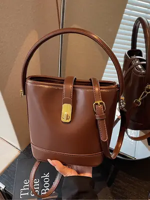 Women's Brown Leather Bucket Bag with Gold Plated Clasp