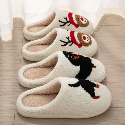 Cute Plush Cat Embroidered Winter Slippers for Men Women