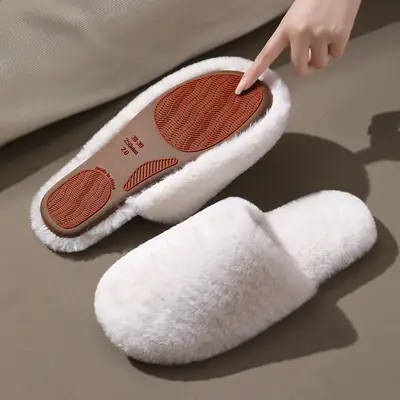 Women Pink Furry Warm Slippers Winter Indoor Non-Slip