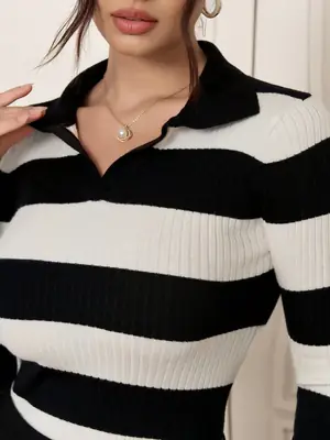 2025 Autumn Long Sleeve Black White Striped Pullover Sweater