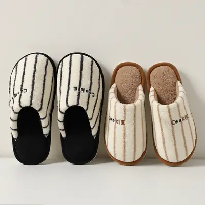 Cute Striped Cotton Slippers for Women Winter