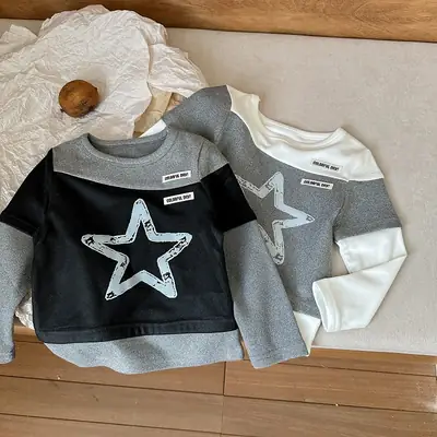 Long Sleeve Baby T-Shirt Black Gray Star Print