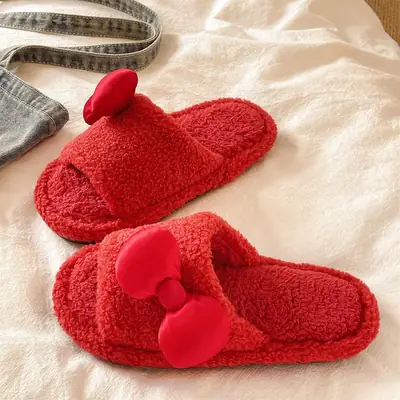 Red Furry Bow Slippers for Women Winter Warm