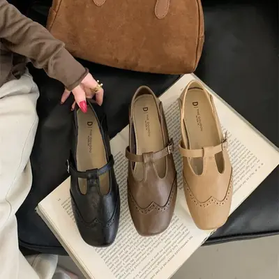 Women Retro T-Buckle Flats Black Brown 2025