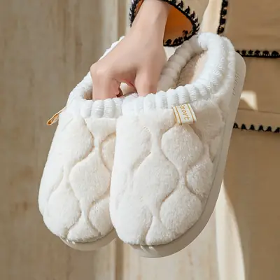 Women's White Quilted Cotton Slippers Winter Warm Indoor