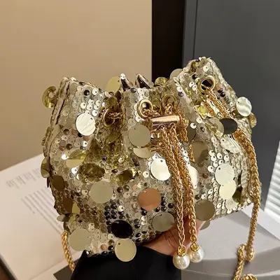 Trendy Sequin Bucket Bag Gold Chain Shoulder Crossbody