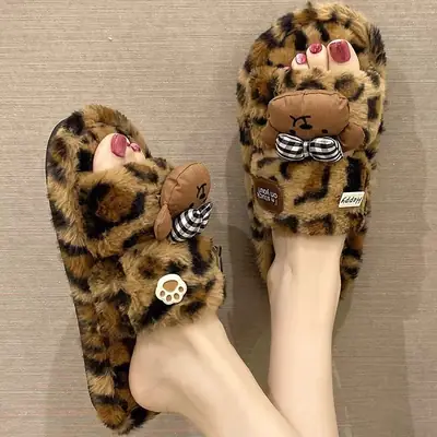Cute Bow Bear Leopard Print Furry Slippers Women