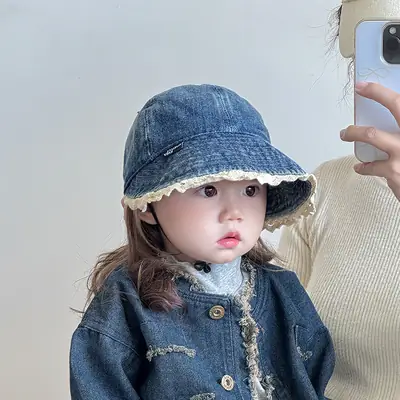 Children's Blue Denim Big Brim Peaked Cap with Lace