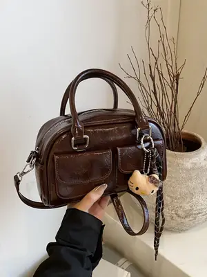 Women's Brown Leather Bowling Bag with Chain Strap