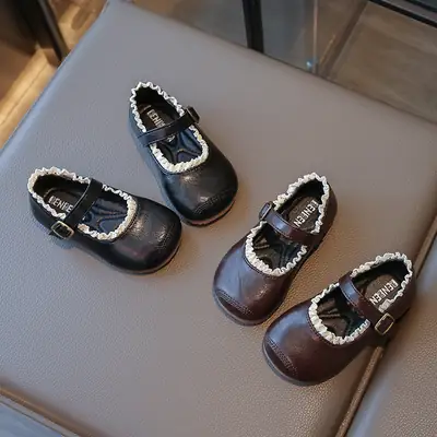 Korean Style Girls' Leather Shoes Lace Princess Shoes Shallow Mouth Baby Toddler Shoes Autumn 2025 New Children's Beanie Shoes