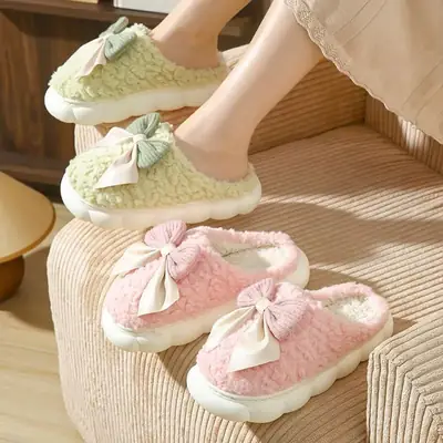 Colorful Cute Bow Cotton Slippers for Women Autumn and Winter Couples Indoor Cotton Shoes Thick-Soled Home Comfortable Furry Slippers