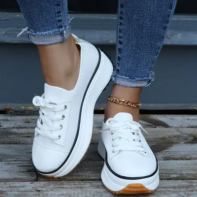 Women Fly-Knit Casual Sneakers Beige White Thick Sole