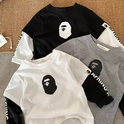 Japanese Style Boys T-Shirt 2-Piece White Black Fake Two-Piece