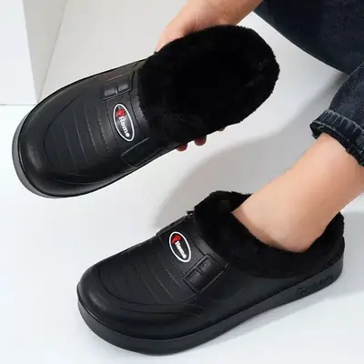 Winter Men's Velvet Half-Flop Cotton Rain Boots Thick-Soled One-Piece Eva Warm and Waterproof Half-Flop Women's Cotton Slippers